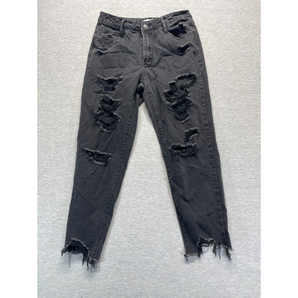 Rue21 Skinny Jeans Womens 6 Black Dark Washed Denim Cotton Frayed Hem Distressed